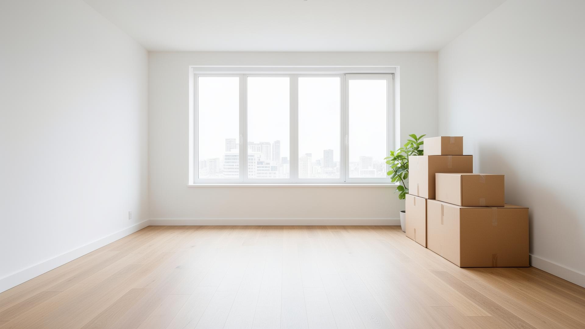 Leergeräumte, helle Wohnung mit Umzugskartons